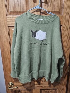 Women's Green Crewneck Sweater with Sheep Applique